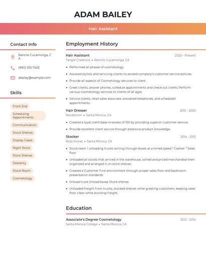 Hair Assistant Resume