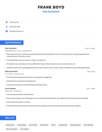 Hair Assistant Resume
