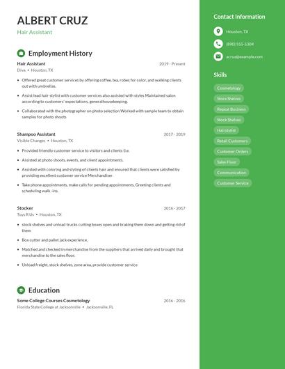 Hair Assistant Resume