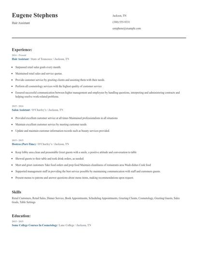Hair Assistant Resume