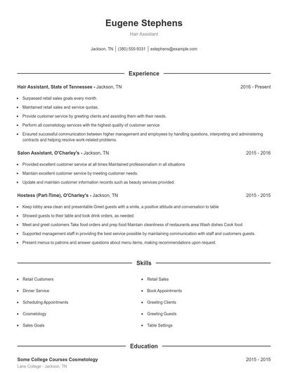 Hair Assistant Resume