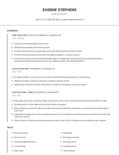 Hair Assistant Resume