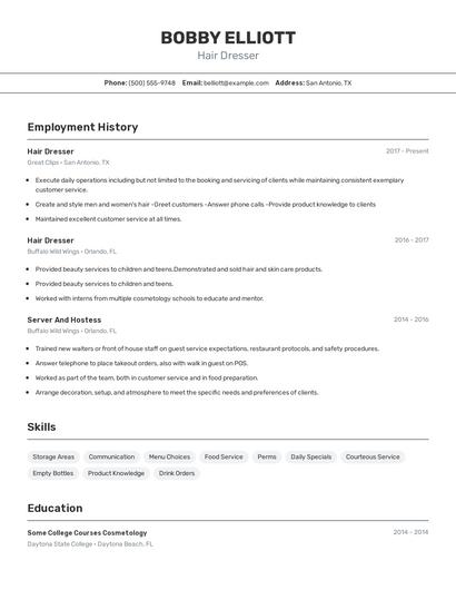 Hair Dresser Resume
