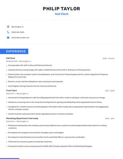Hall Clerk Resume