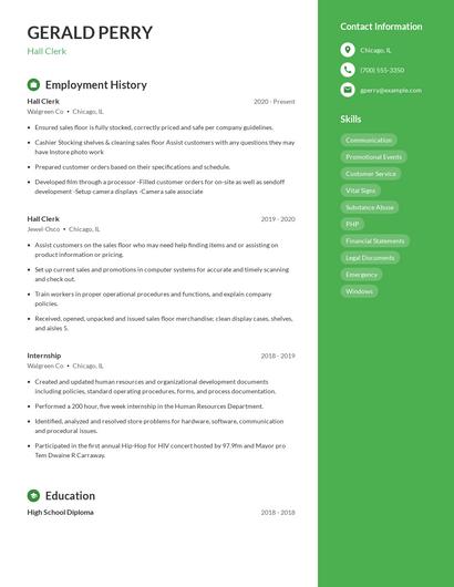 Hall Clerk Resume