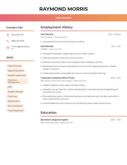 Hall Monitor Resume