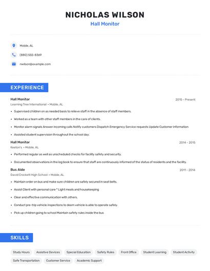 Hall Monitor Resume