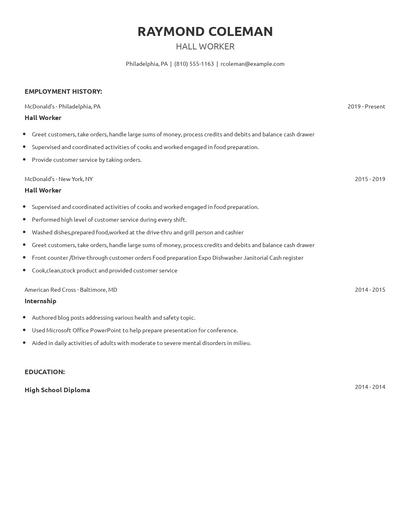 Hall Worker Resume