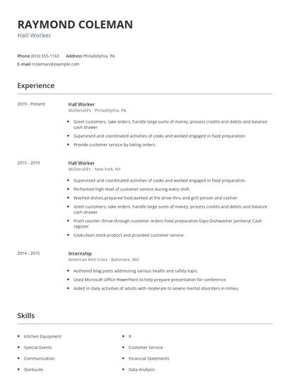 Hall Worker Resume