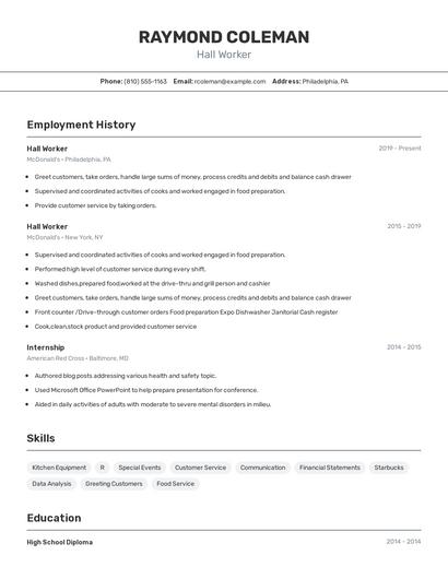 Hall Worker Resume