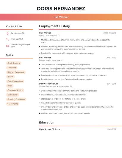 Hall Worker Resume