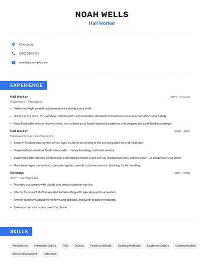 Hall Worker Resume