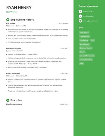 Hall Worker Resume