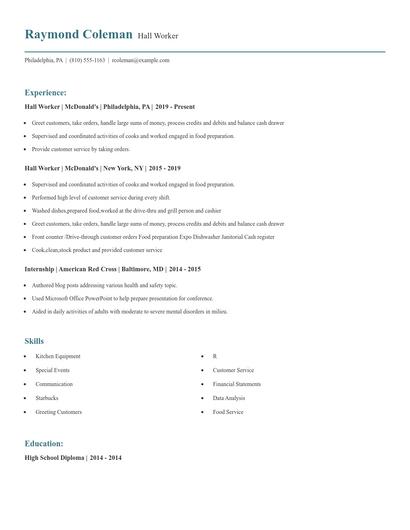 Hall Worker Resume