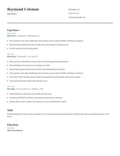 Hall Worker Resume