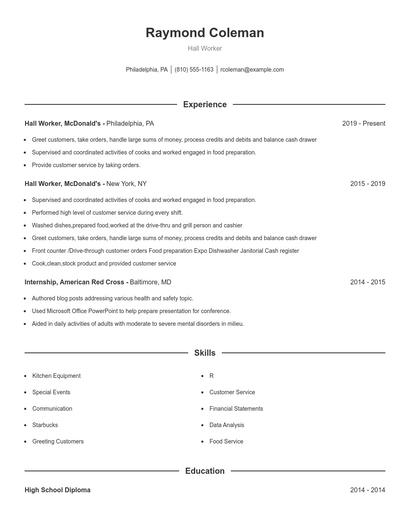 Hall Worker Resume