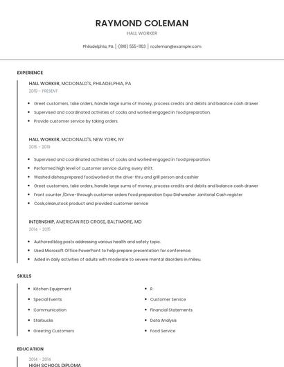Hall Worker Resume