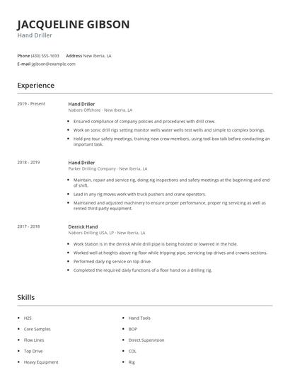 Hand Driller Resume