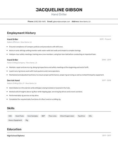 Hand Driller Resume