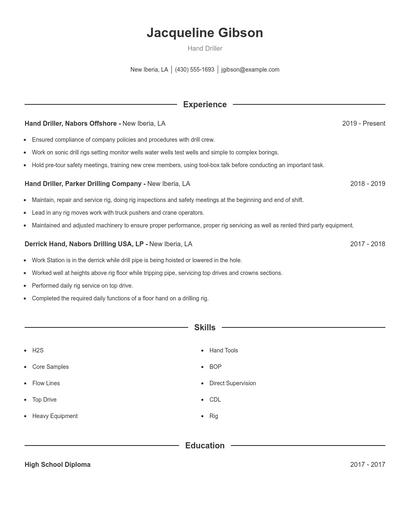 Hand Driller Resume