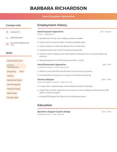 Hand Engraver Apprentice Resume