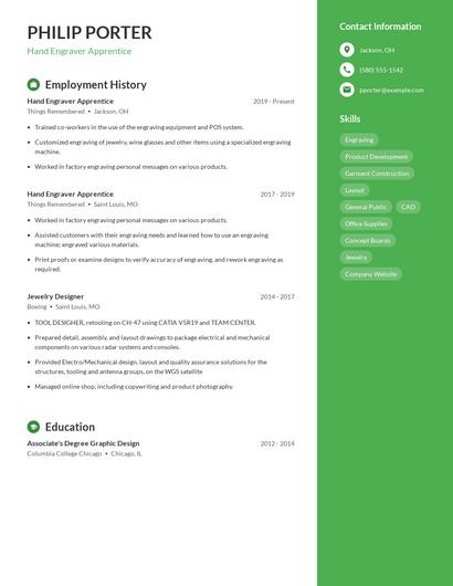 Hand Engraver Apprentice Resume