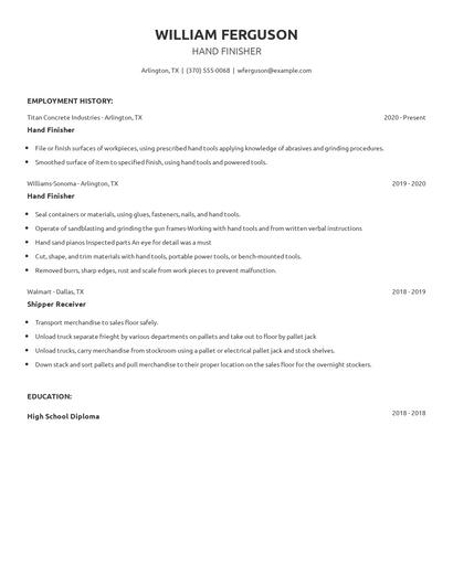 Hand Finisher Resume