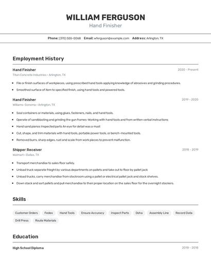 Hand Finisher Resume
