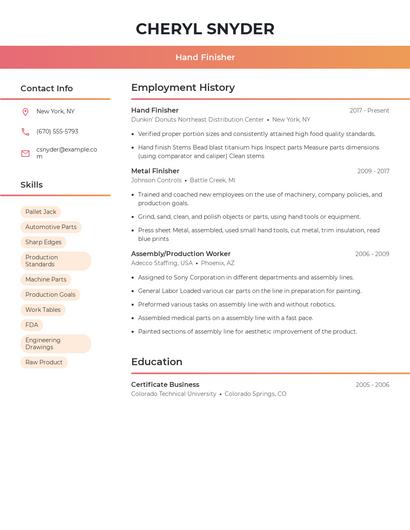 Hand Finisher Resume