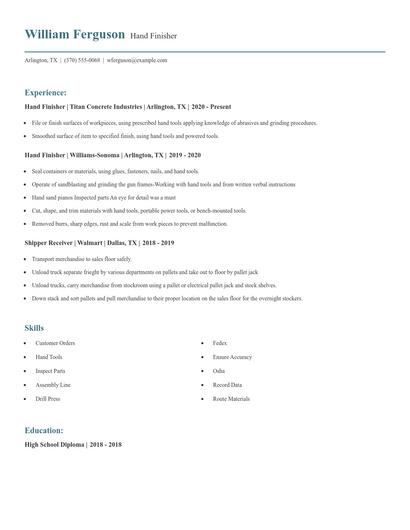 Hand Finisher Resume