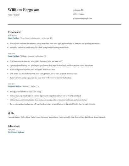 Hand Finisher Resume