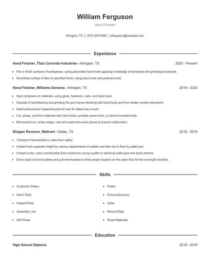 Hand Finisher Resume