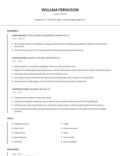 Hand Finisher Resume