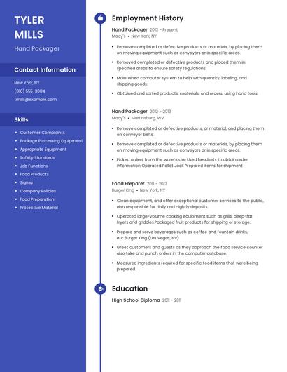 Hand Packager Resume