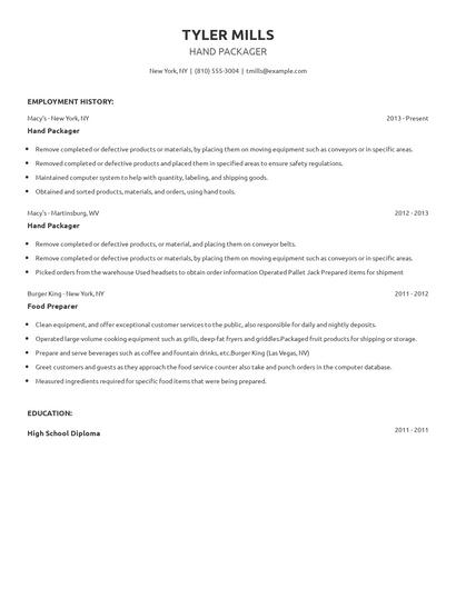 Hand Packager Resume