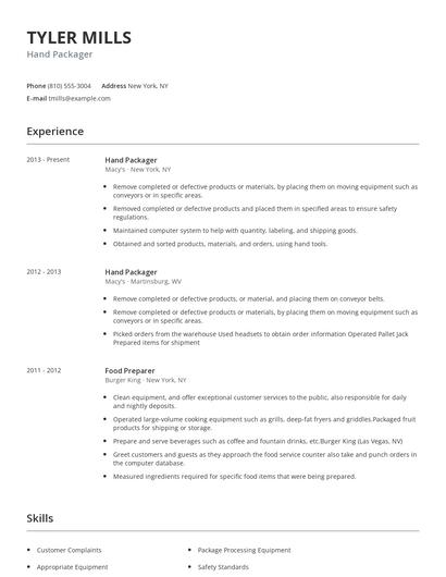 Hand Packager Resume