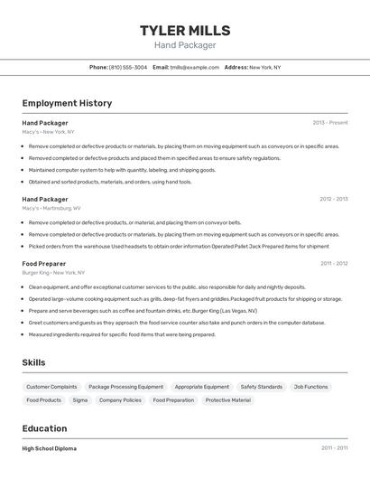 Hand Packager Resume