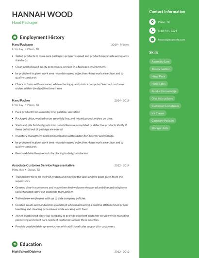 Hand Packager Resume