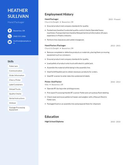 Hand Packager Resume