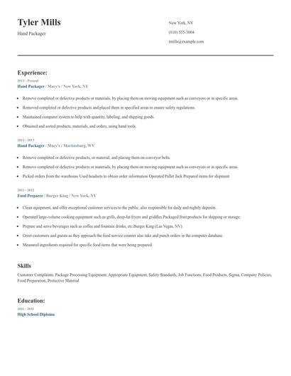 Hand Packager Resume