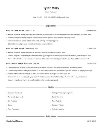 Hand Packager Resume