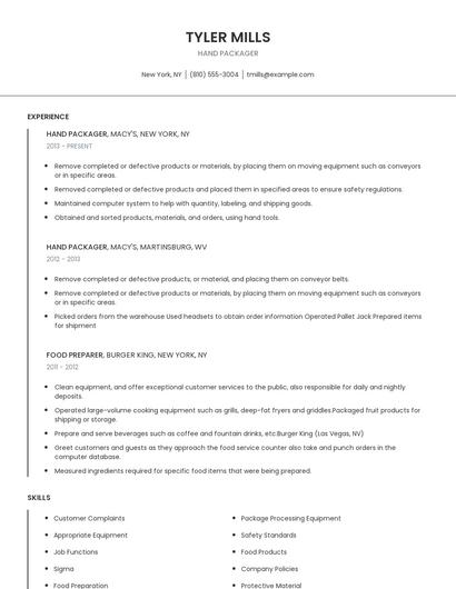 Hand Packager Resume