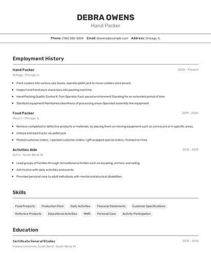Hand Packer Resume
