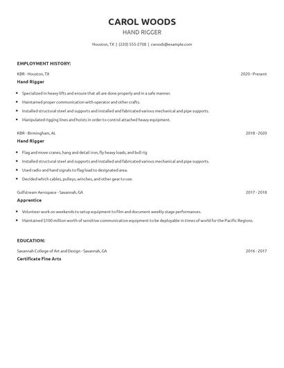 Hand Rigger Resume