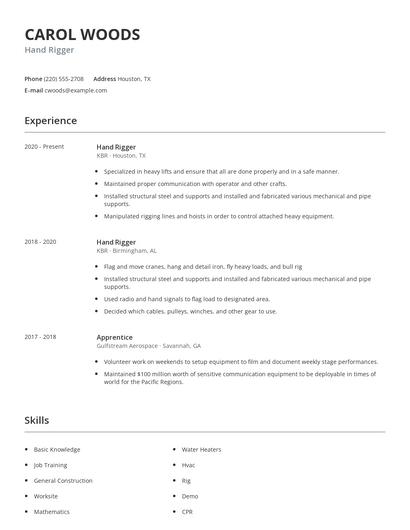 Hand Rigger Resume