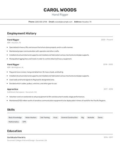 Hand Rigger Resume