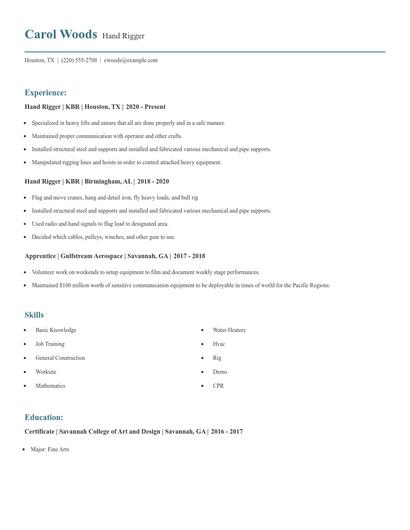Hand Rigger Resume