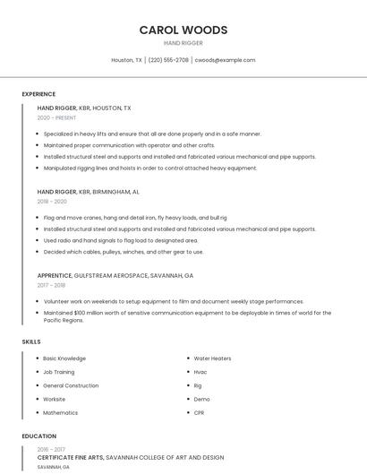 Hand Rigger Resume