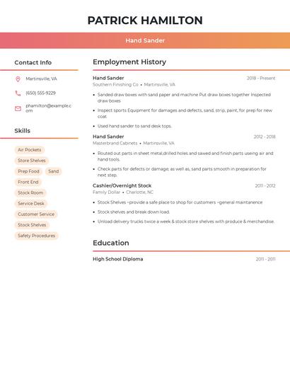 Hand Sander Resume