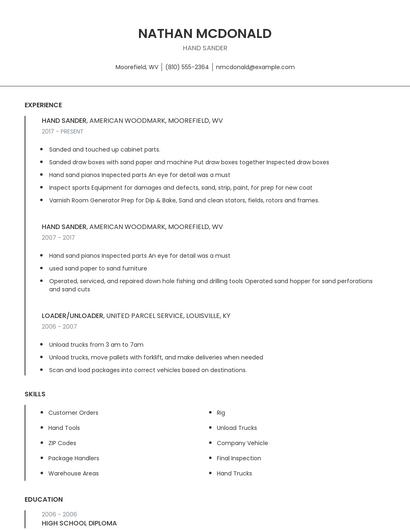 Hand Sander Resume